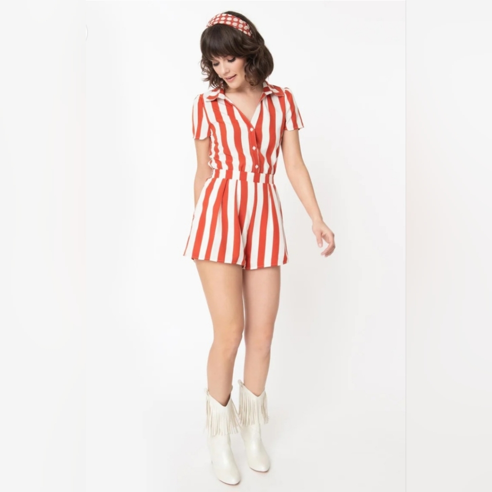 Unique Vintage Retro Style Rust & Ivory Stripe Romper